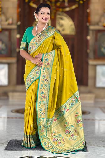 parrot green  faux banarasi silk blend saree with paithani rich weaved pallu and blouse
