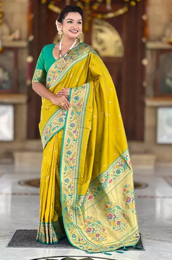 parrot green  faux banarasi silk blend saree with paithani rich weaved pallu and blouse
