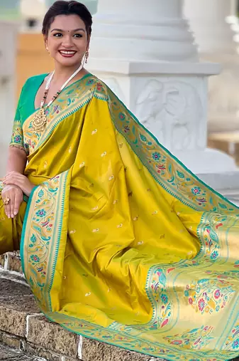 parrot green faux banarasi silk blend saree with paithani rich weaved pallu and blouse