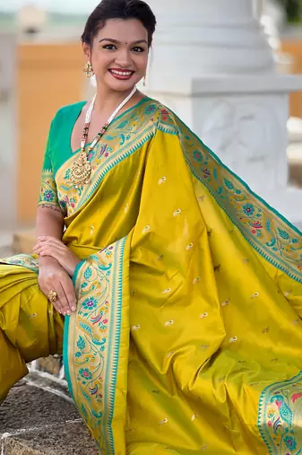 parrot green faux banarasi silk blend saree with paithani rich weaved pallu and blouse