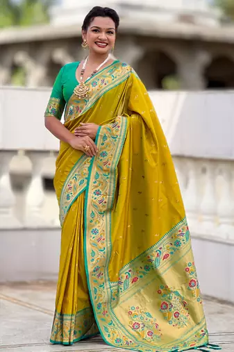 parrot green faux banarasi silk blend saree with paithani rich weaved pallu and blouse