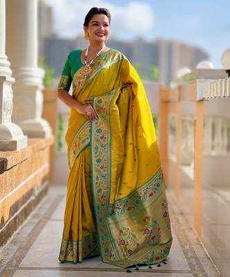parrot green faux banarasi silk blend saree with paithani rich weaved pallu and blouse 5
