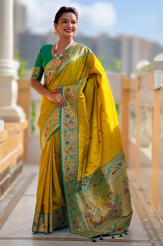 parrot green faux banarasi silk blend saree with paithani rich weaved pallu and blouse
