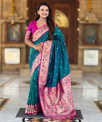 teal blue faux banarasi silk blend saree with paithani rich weaved pallu and blouse 1