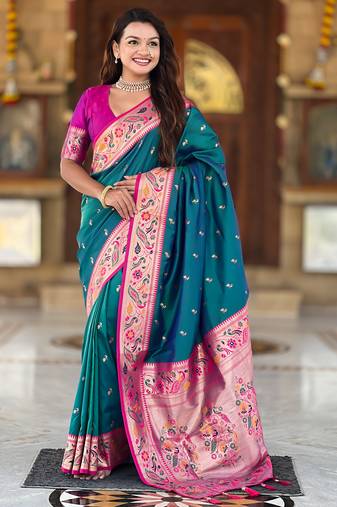 teal blue  faux banarasi silk blend saree with paithani rich weaved pallu and blouse