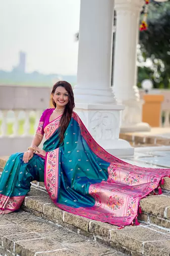 teal blue faux banarasi silk blend saree with paithani rich weaved pallu and blouse