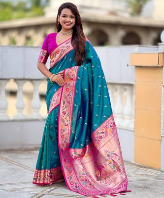 teal blue faux banarasi silk blend saree with paithani rich weaved pallu and blouse 3