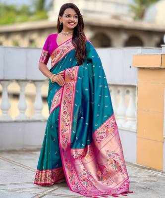 teal blue faux banarasi silk blend saree with paithani rich weaved pallu and blouse 4