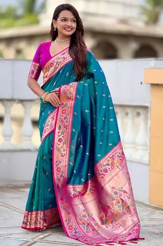 teal blue faux banarasi silk blend saree with paithani rich weaved pallu and blouse