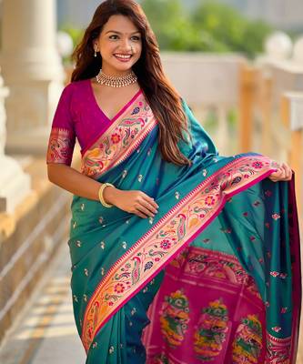 teal blue faux banarasi silk blend saree with paithani rich weaved pallu and blouse 5