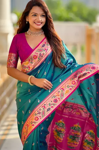 teal blue faux banarasi silk blend saree with paithani rich weaved pallu and blouse