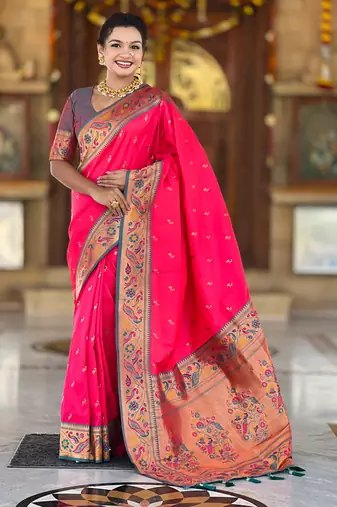 pink green  faux banarasi silk blend saree with paithani rich weaved pallu and blouse