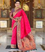 pink green  faux banarasi silk blend saree with paithani rich weaved pallu and blouse