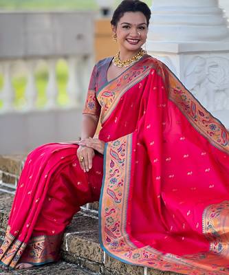 pink green faux banarasi silk blend saree with paithani rich weaved pallu and blouse 3