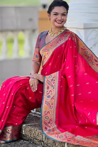 pink green faux banarasi silk blend saree with paithani rich weaved pallu and blouse