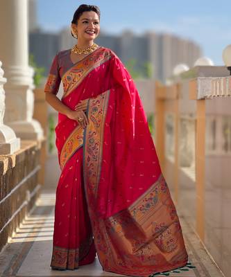 pink green faux banarasi silk blend saree with paithani rich weaved pallu and blouse 4
