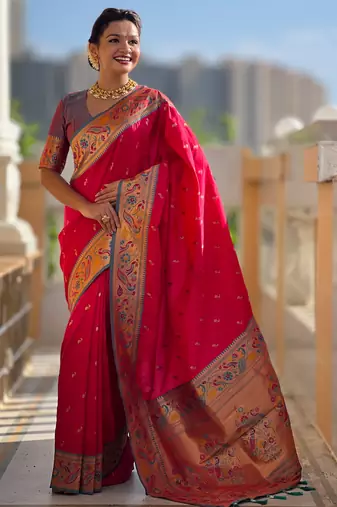 pink green faux banarasi silk blend saree with paithani rich weaved pallu and blouse