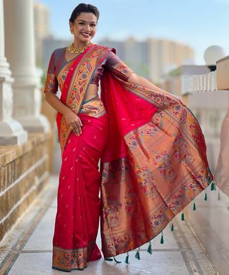 pink green faux banarasi silk blend saree with paithani rich weaved pallu and blouse 5
