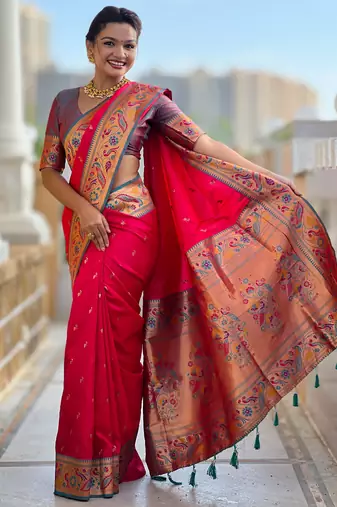 pink green faux banarasi silk blend saree with paithani rich weaved pallu and blouse