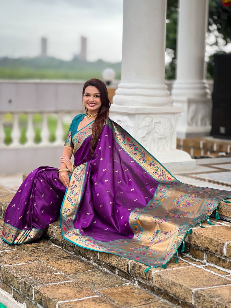 violet  faux banarasi silk blend saree with paithani rich weaved pallu and blouse