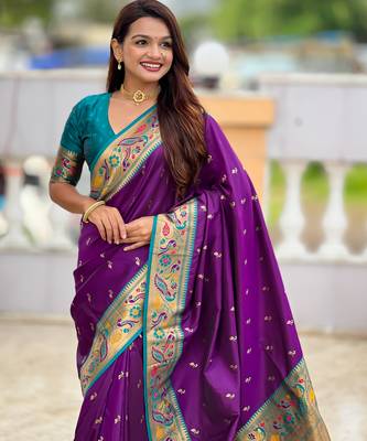 violet faux banarasi silk blend saree with paithani rich weaved pallu and blouse 2