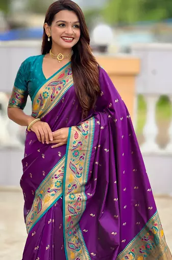 violet faux banarasi silk blend saree with paithani rich weaved pallu and blouse