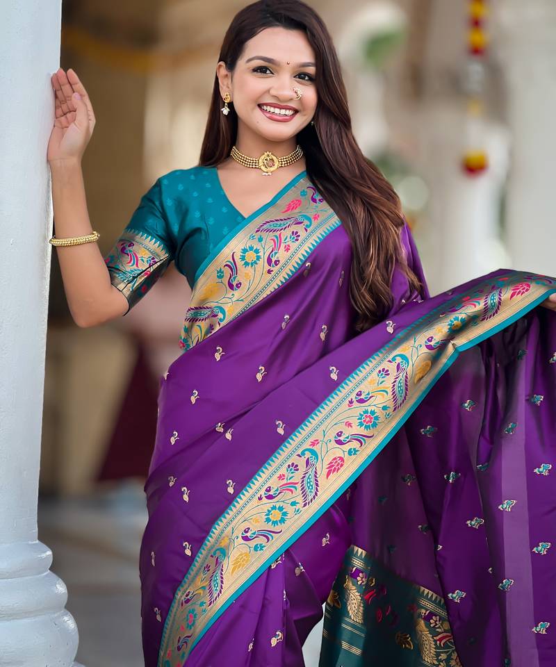 violet  faux banarasi silk blend saree with paithani rich weaved pallu and blouse