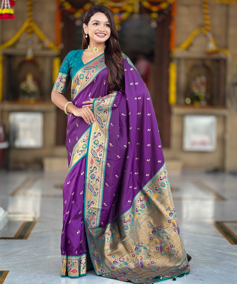 violet  faux banarasi silk blend saree with paithani rich weaved pallu and blouse