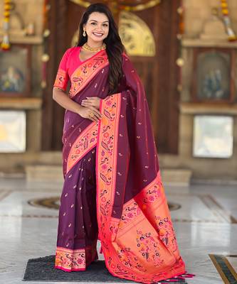 wine faux banarasi silk blend saree with paithani rich weaved pallu and blouse 1