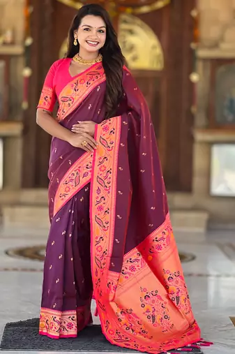 wine faux banarasi silk blend saree with paithani rich weaved pallu and blouse