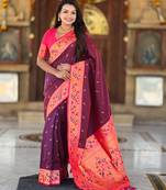wine faux banarasi silk blend saree with paithani rich weaved pallu and blouse