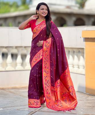 wine faux banarasi silk blend saree with paithani rich weaved pallu and blouse 2
