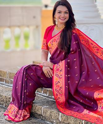 wine faux banarasi silk blend saree with paithani rich weaved pallu and blouse 3