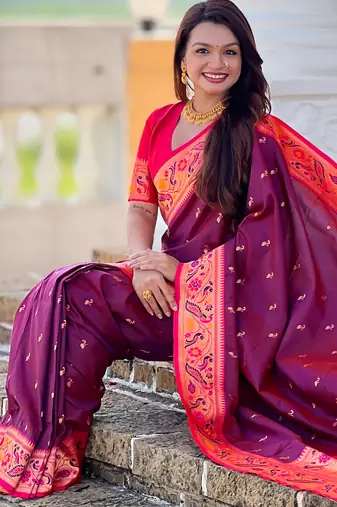 wine faux banarasi silk blend saree with paithani rich weaved pallu and blouse