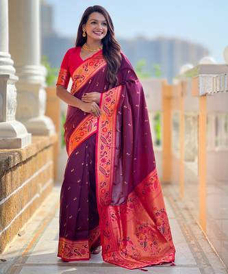 wine faux banarasi silk blend saree with paithani rich weaved pallu and blouse 4