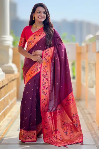 wine faux banarasi silk blend saree with paithani rich weaved pallu and blouse