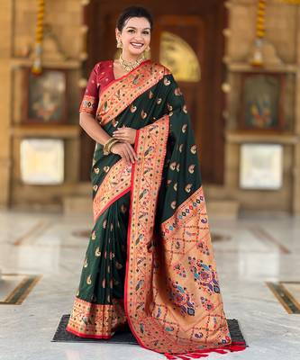 green faux banarasi silk blend saree with paithani rich weaved pallu and blouse 1