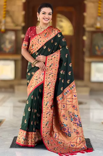 green  faux banarasi silk blend saree with paithani rich weaved pallu and blouse