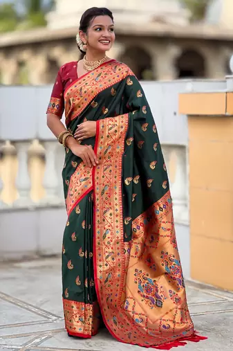 green faux banarasi silk blend saree with paithani rich weaved pallu and blouse