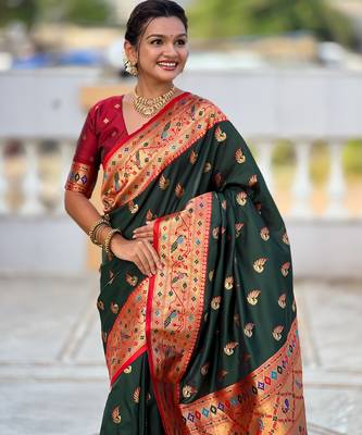 green faux banarasi silk blend saree with paithani rich weaved pallu and blouse 3