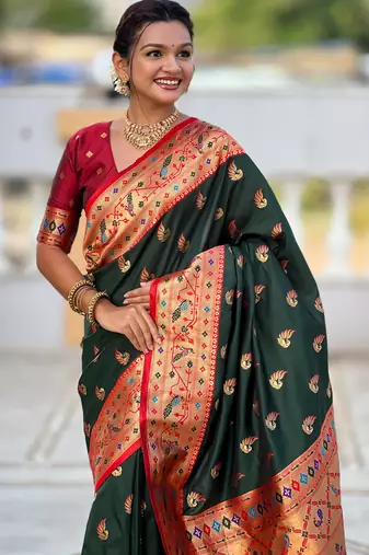 green faux banarasi silk blend saree with paithani rich weaved pallu and blouse