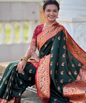 green faux banarasi silk blend saree with paithani rich weaved pallu and blouse 4