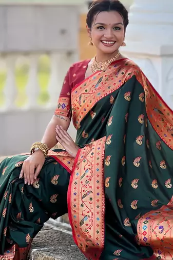 green faux banarasi silk blend saree with paithani rich weaved pallu and blouse