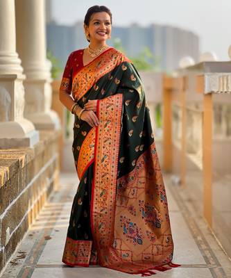 green faux banarasi silk blend saree with paithani rich weaved pallu and blouse 5