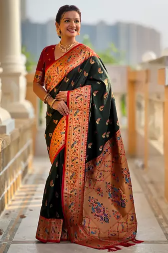green faux banarasi silk blend saree with paithani rich weaved pallu and blouse
