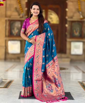 teal blue faux banarasi silk blend saree with paithani rich weaved pallu and blouse 1