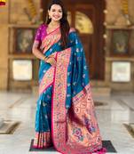 teal blue  faux banarasi silk blend saree with paithani rich weaved pallu and blouse