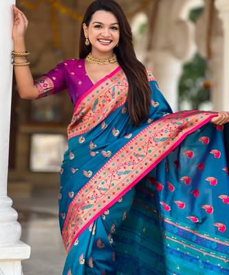 teal blue faux banarasi silk blend saree with paithani rich weaved pallu and blouse 2