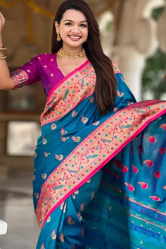 teal blue faux banarasi silk blend saree with paithani rich weaved pallu and blouse