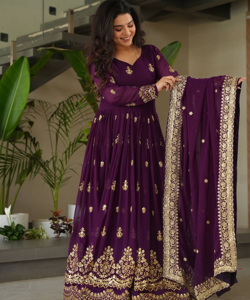 Purple Georgette Readymade Anarkali with Dupatta